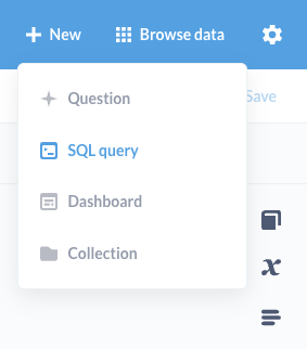 Меню Metabase New с вариантами создания вопросов, SQL-запросов и дашбордов