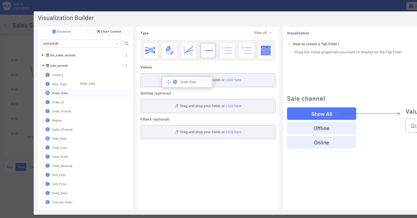 Интерфейс выбора поля даты в Rocket BI с доступными сто�лбцами даты