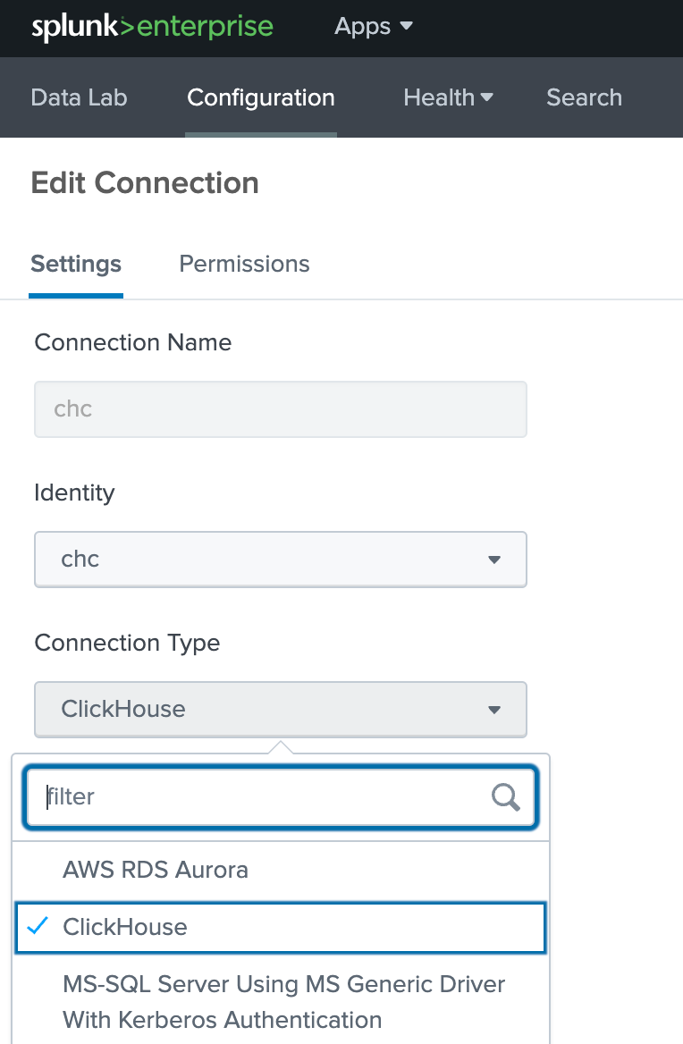 Кнопка создания нов�ого подключения в Splunk DB Connect