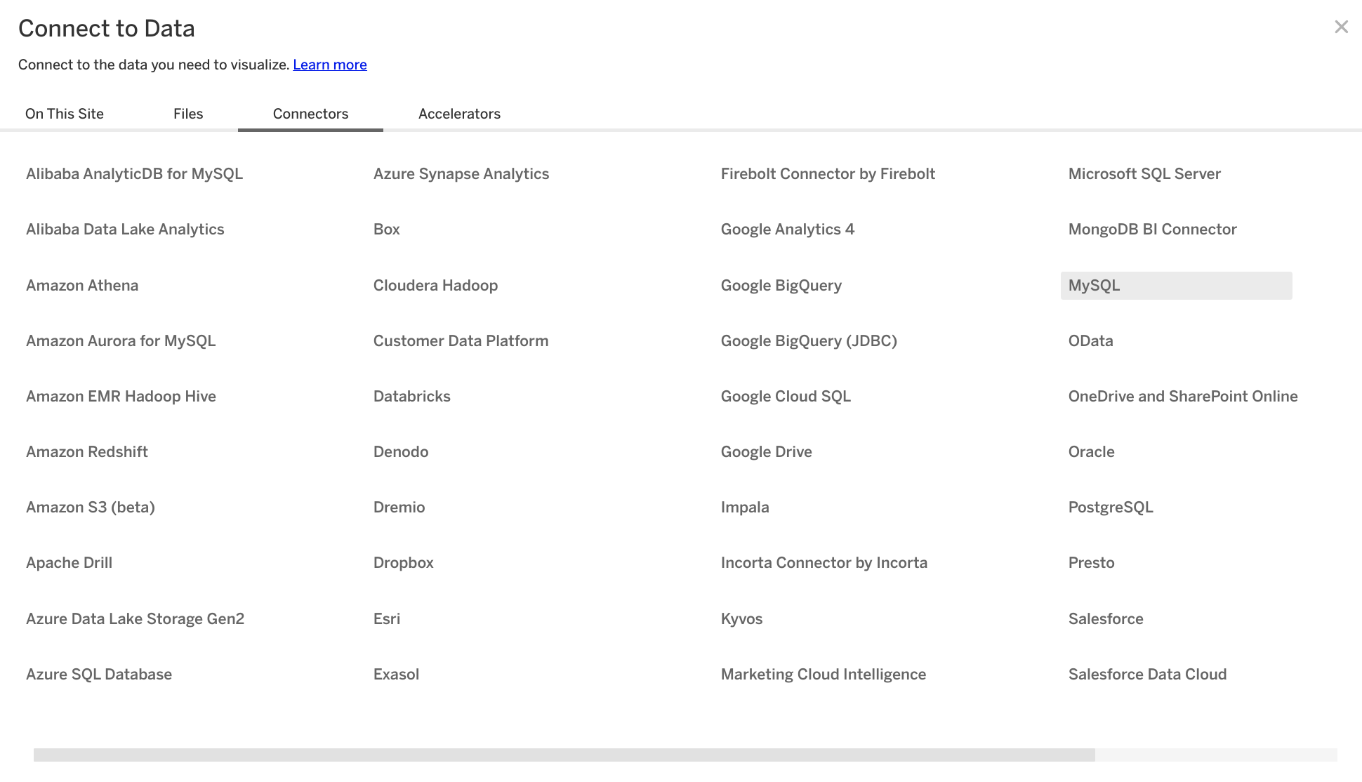 Экран выбора коннектора Tableau Online с выделенным вариант�ом MySQL