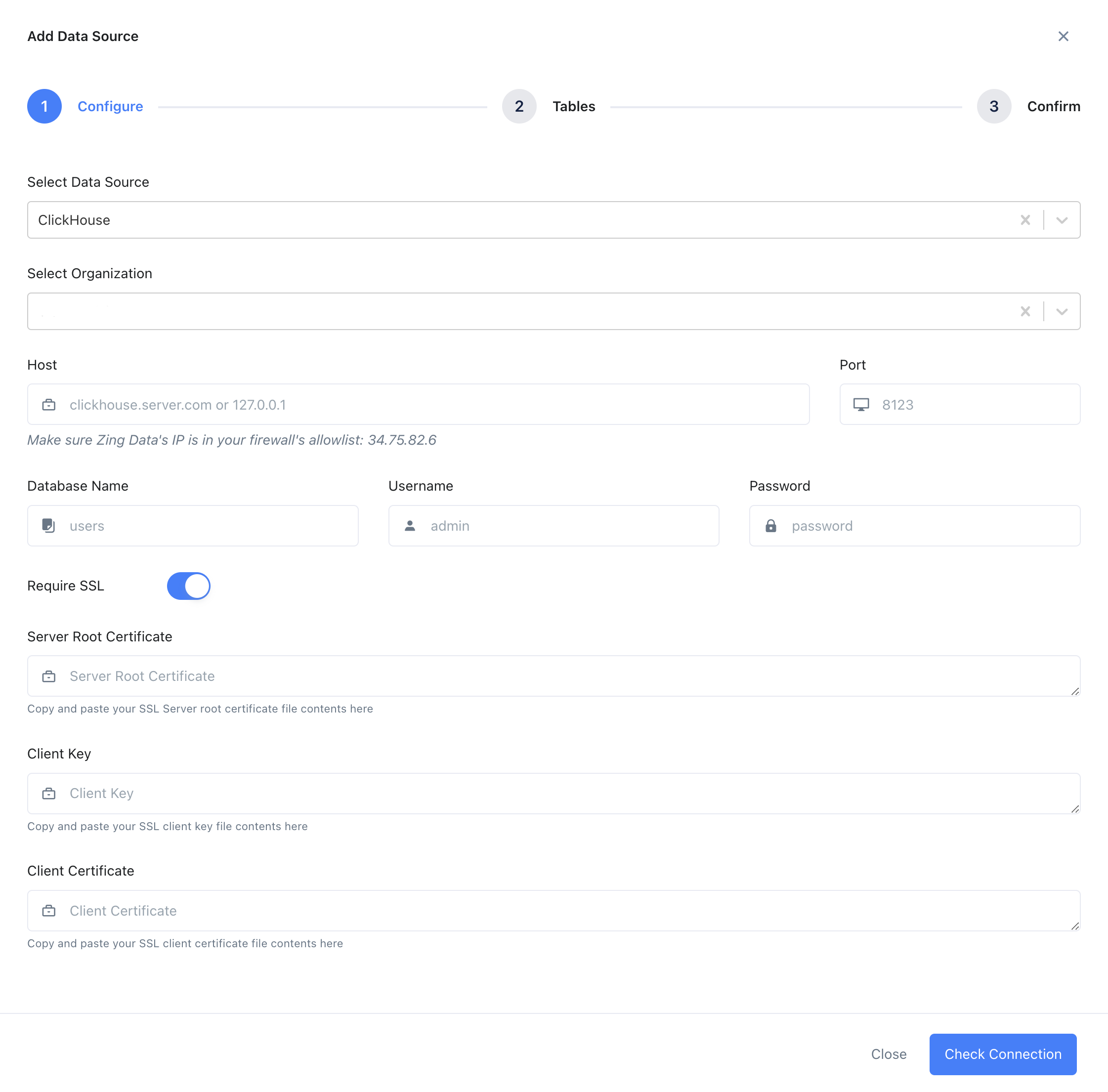 Форма конфигурации подключения ClickHouse в Zing Data с полями для сервера, порта, базы данных, имени пользова�теля и пароля